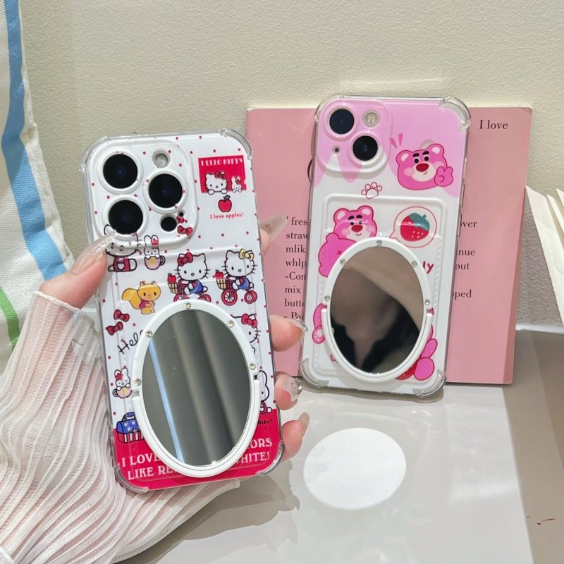 卡通ins补妆镜草莓熊支架镜子16适用iphone15promax手机壳苹果kt猫保护壳蝴蝶结14插卡包13零钱包防摔全