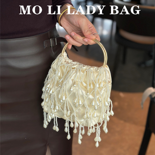 秋冬新款纯手工钉珠复古流苏搭配旗袍新中式国风连衣裙晚宴女包包