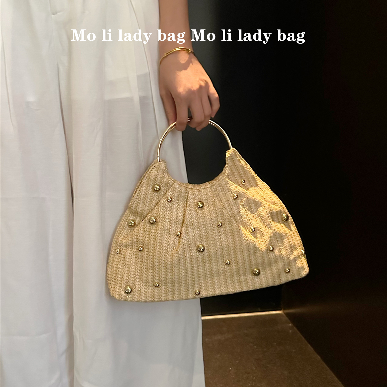 海边旅行沙滩包编织草编手工钉珠包包女2025夏季新款大容量托特包