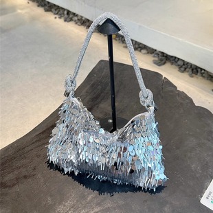 复古银色亮片包闪片流苏手提vintage斜挎链条单肩包女小包晚宴包