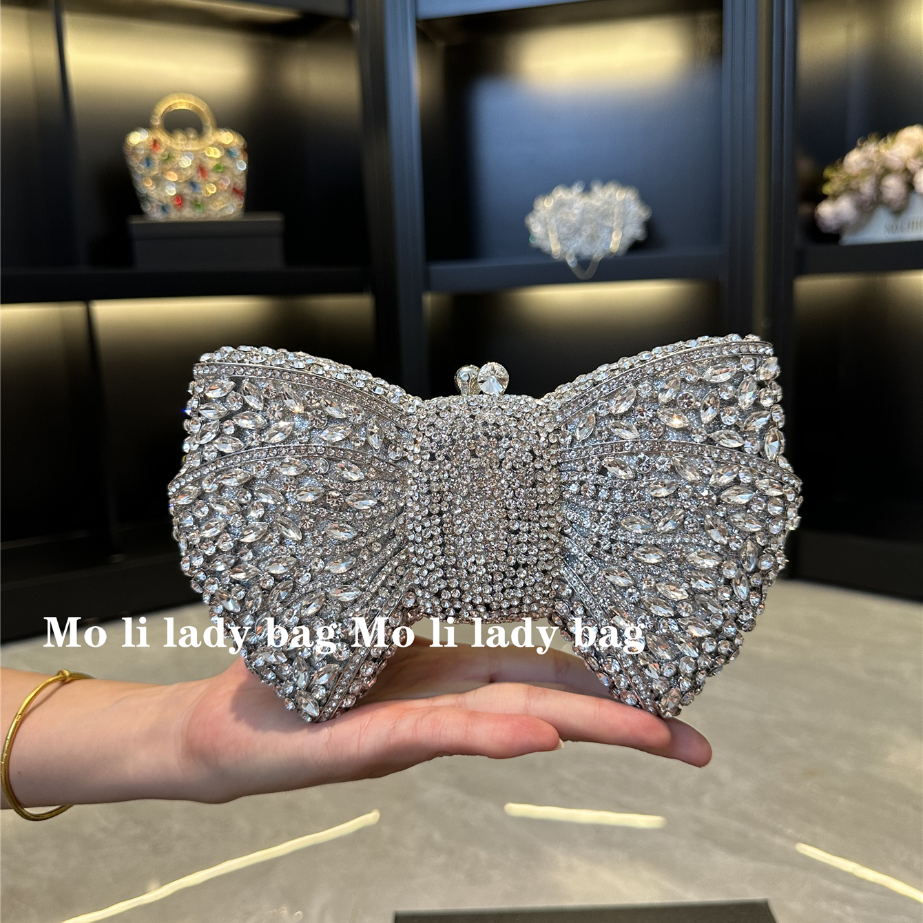 欧美宴会小礼服带钻蝴蝶结镶钻晚宴包手拿石包女New Bow Clutch