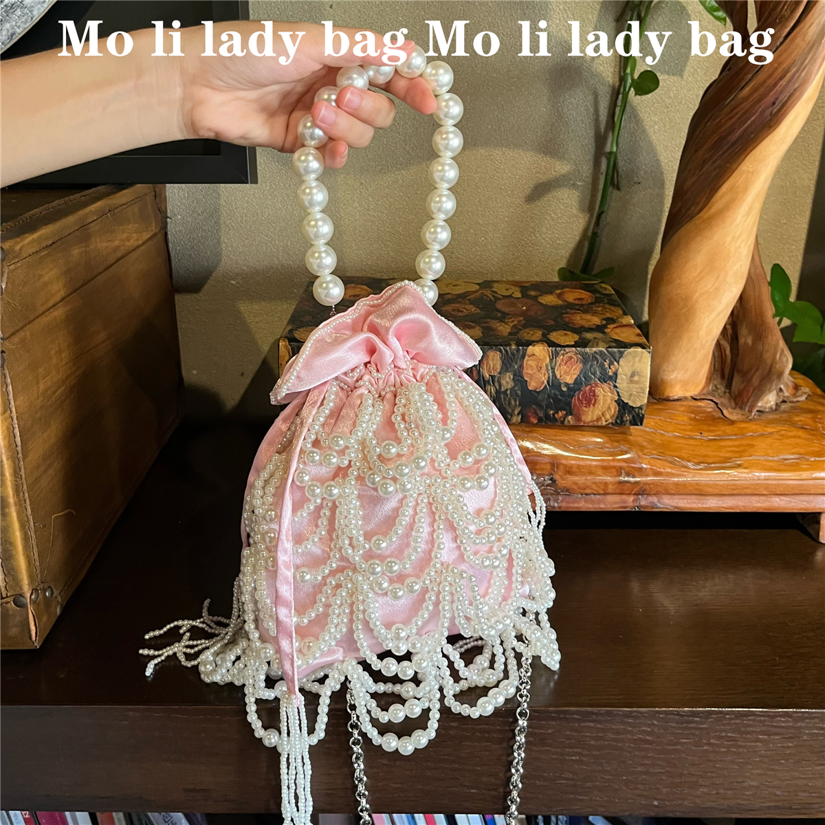 小众重工印度手工钉珠流苏珍珠水桶包旗袍珠绣串珠包编织手提包女