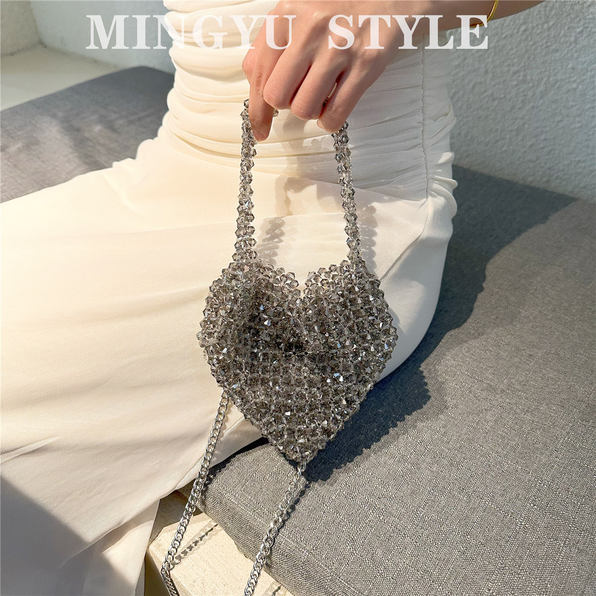 【璀璨高货水晶版】银色串珠重工水晶珠女包凹造型穿搭手提斜跨包