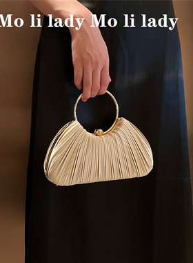名媛高级感皱褶包包2024新款圆环手提包晚宴旗袍包礼服手拿斜挎包
