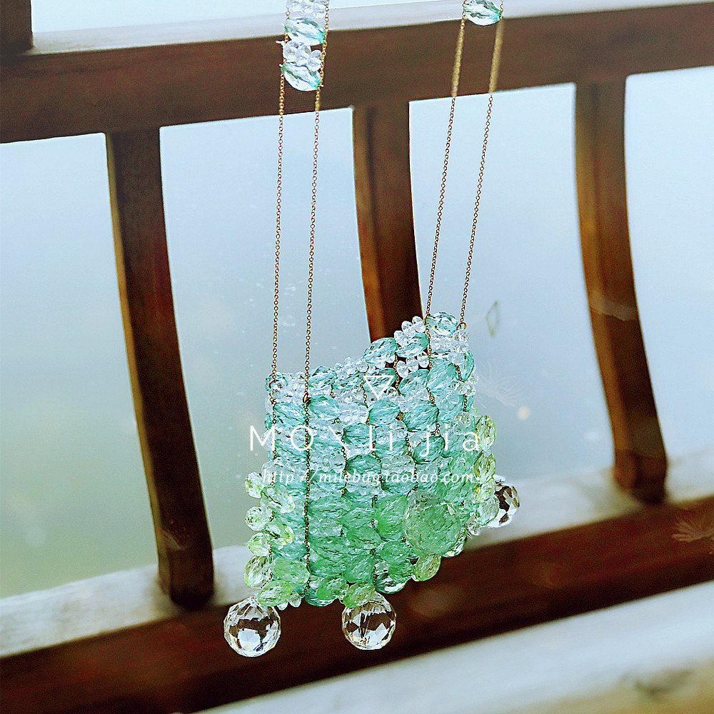 水晶玻璃链条串珠编织斜挎小圆包