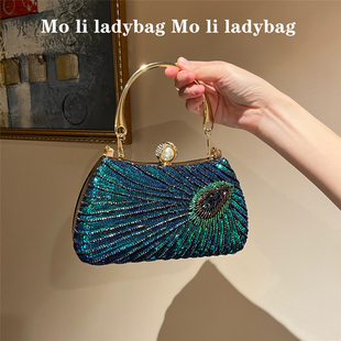2023名媛重工复古亮片bling闪亮片水钻手提包旗袍孔雀礼服宴会包
