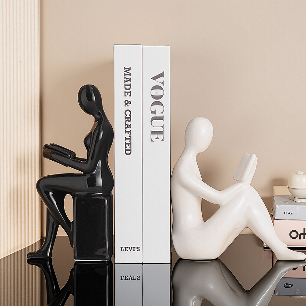 跨境黑白陶瓷人物书立架创意网红摆件抽象办公室书房电视柜装饰品