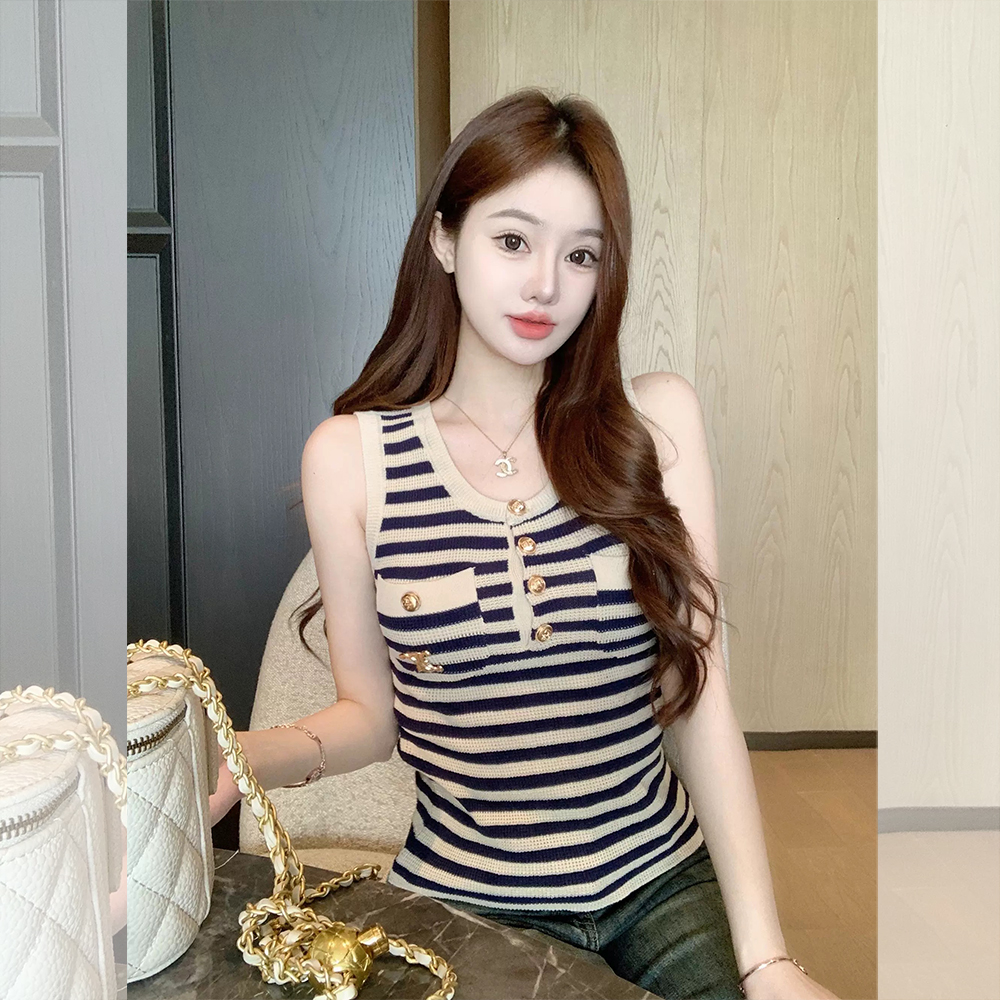 钟菲菲春独特条纹针织撞色图案吊带背心女2025新款外穿内搭时尚