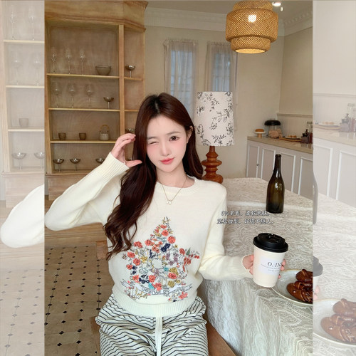 套头刺绣百搭毛衣慵懒高级感羊毛