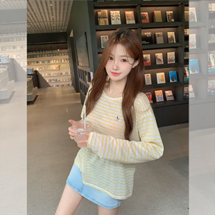 现货闪发条纹刺绣长袖防晒罩衫女t恤2026新款独特漂亮的小上衣夏