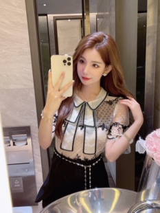 T恤女休闲上衣蕾丝衬衫 显瘦百搭圆领长袖 蝴 韩版 现货闪发2026新款