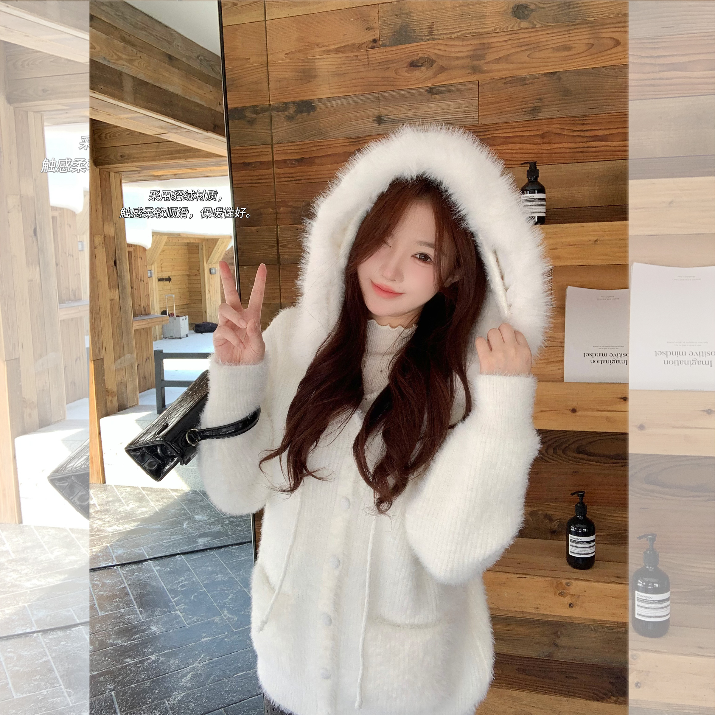 百搭长袖针织开衫毛领真口袋穿搭