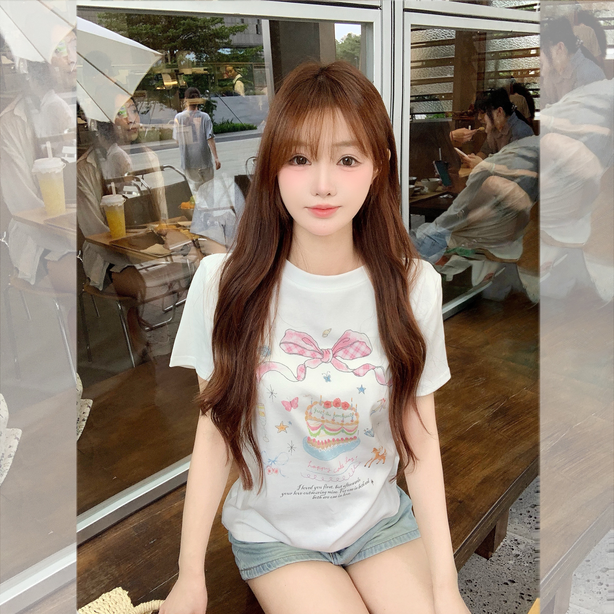 钟菲菲蝴蝶结可爱小个子印花纯棉宽松显瘦上衣短袖t恤女2025新款