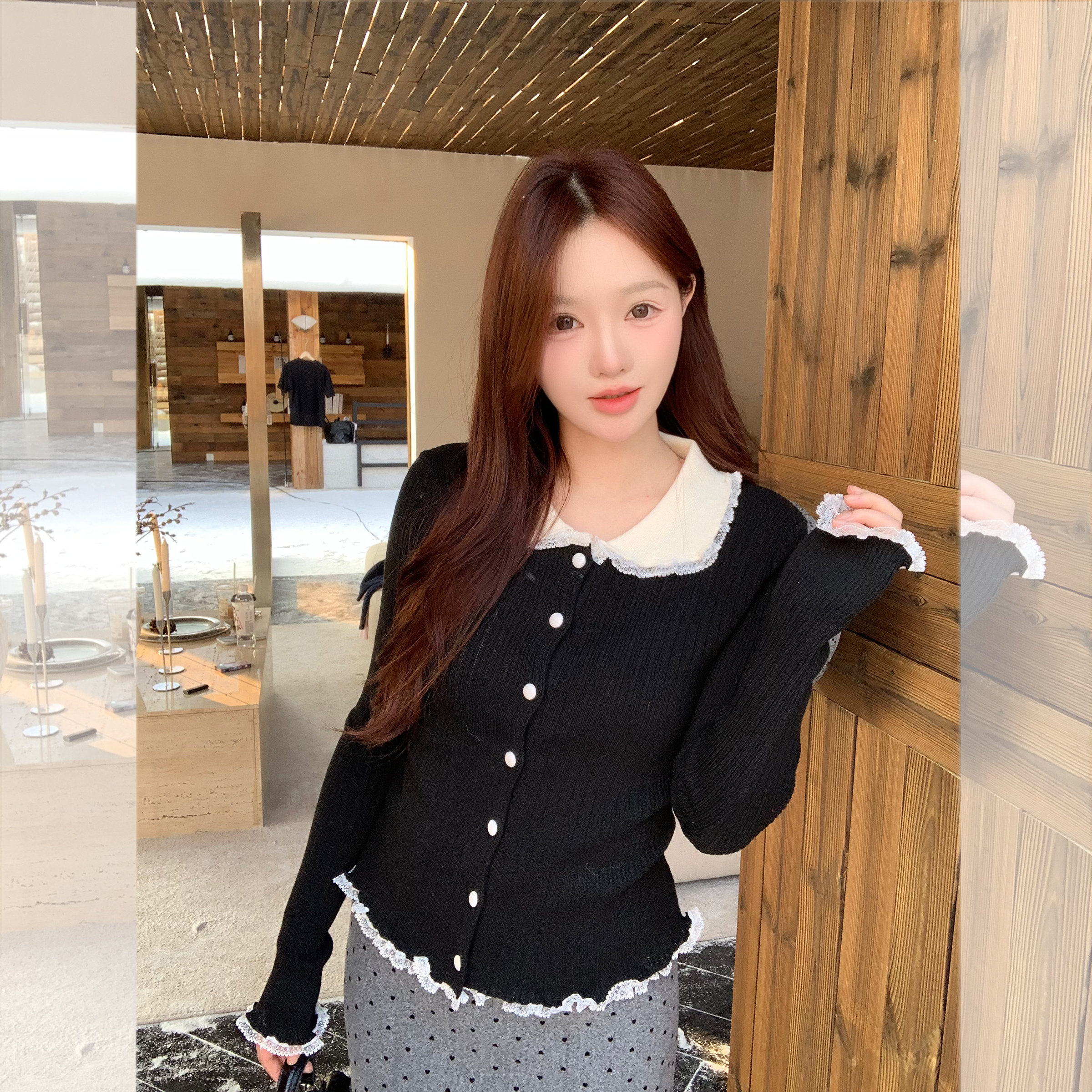 百搭长袖针织衫女羊毛娃娃领蕾丝