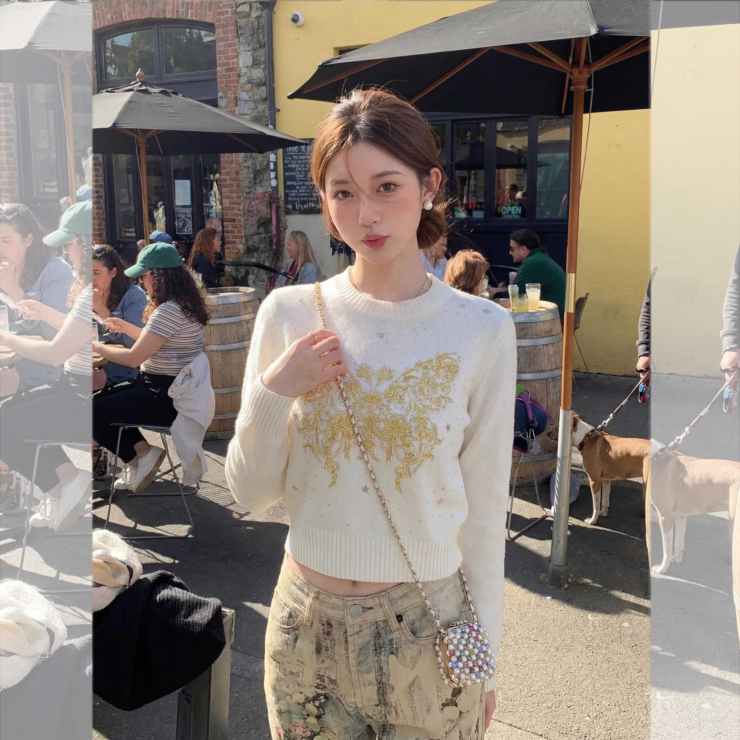 刺绣宽松针织衫重工设计烫钻蝴蝶