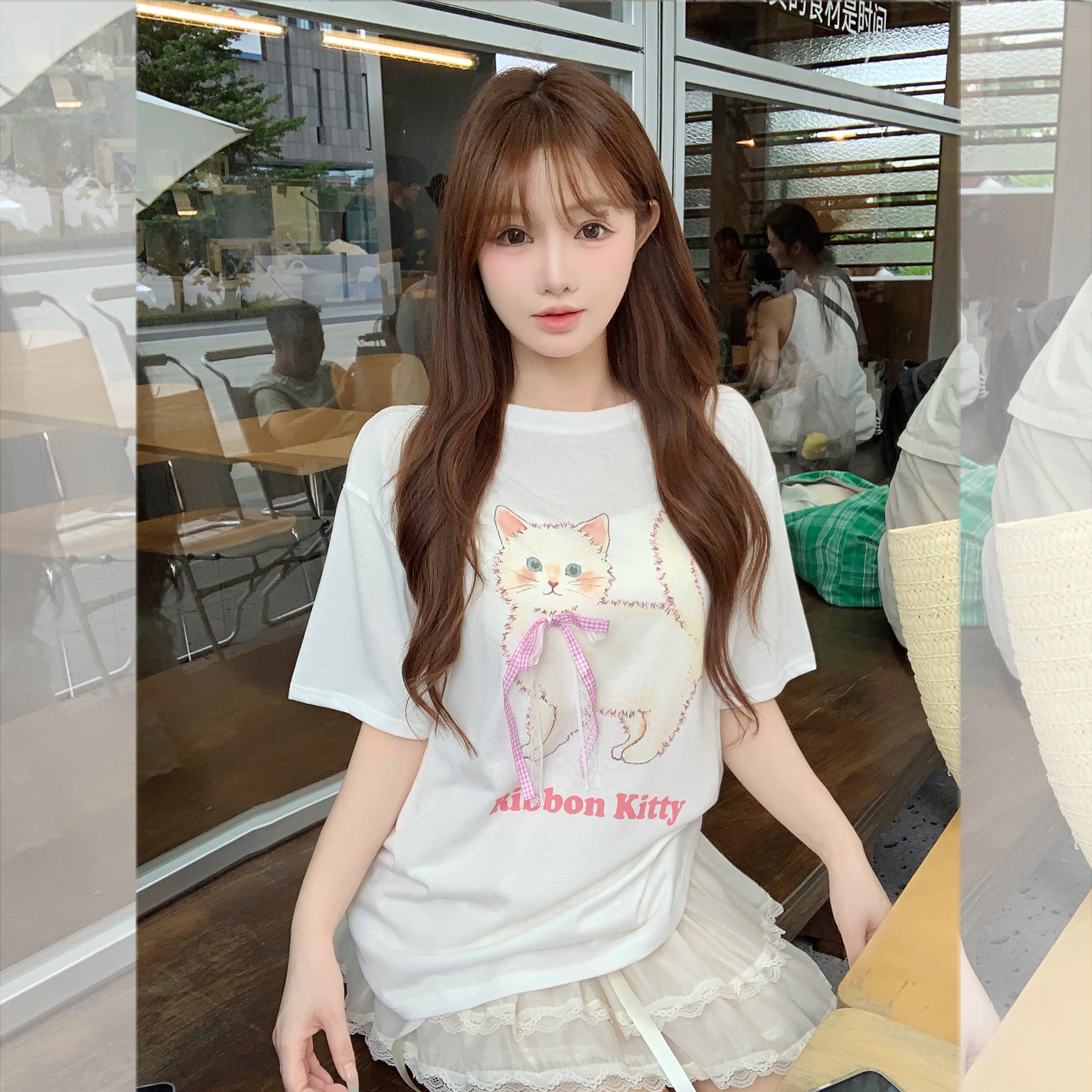 钟菲菲冰爽雪花棉猫咪印花宽松短袖t恤女2025新款巨好看夏日上衣