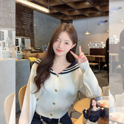 海军领针织衫宽松拼色羊毛百搭