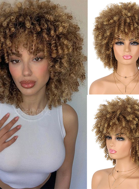 鸡窝头棕黄色小卷爆炸头假发短款女个性带刘海黑人头套afro wig