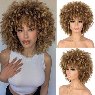 鸡窝头棕黄色小卷爆炸头假发短款女个性带刘海黑人头套afro wig