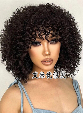 短款假发女黑色高温丝蓬松爆炸头卷发头套Curly Synthetic Wigs