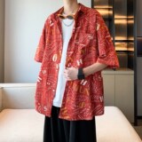 港风酒店内景日系休闲夏短袖衬衫男小清新碎花衬衣6623P40控58，男装衬衫，电商A034
