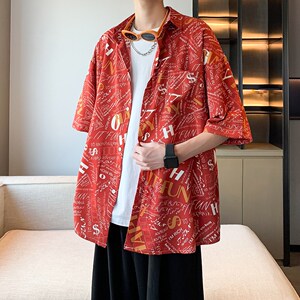 港风酒店内景日系休闲夏短袖衬衫男小清新碎花衬衣 6623 P40控58图片