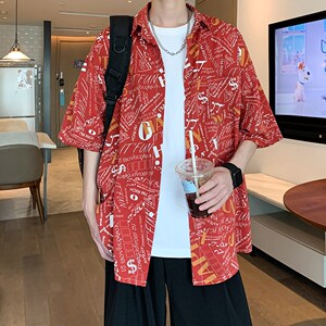 港风内景夏季宽松清凉短袖衬衫男冰丝花衬衣二开 6623 P40控58图片