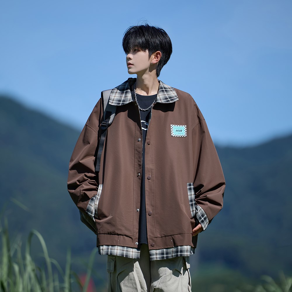 相机片秋款格子拼接外套潮男流行休闲夹克A0346652P85控128,男装夹克,电商A034