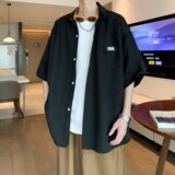 wassuphappy黑色短袖衬衫男夏季2025新款潮牌宽松青少年休闲外套，男装衬衫，电商A034