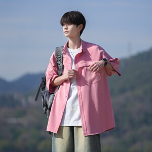 夏新款 2025男士衬衣纯色大码短袖衬衫二开港风外景 6606 P45控58图片