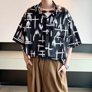 酒店内景宽松港风宽松短袖衬衫男装碎花衬衣 6625 P40控58图片