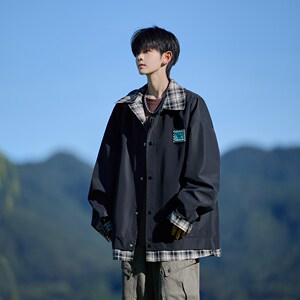 相机片外景 大码秋款拼接外套 潮男宽松休闲夹克 6652 P85控128图片