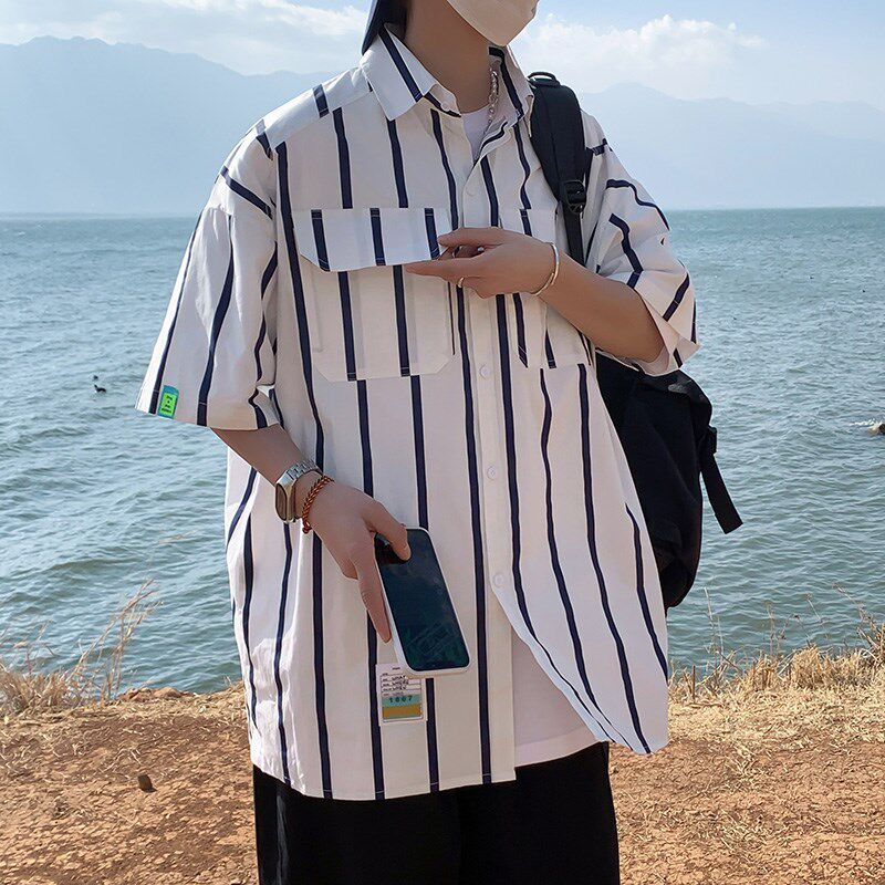 外景夏款休闲半袖衬衣宽松港风潮男条纹短袖衬衫2573P45控68,男装衬衫,电商A034
