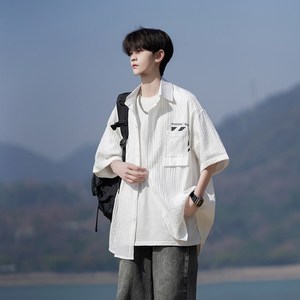 wassuphappy冰丝短袖衬衫男夏季薄款潮流大码半袖上衣服休闲外套