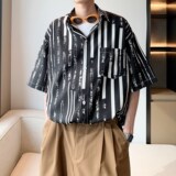 潮男日系衬衣宽松条纹休闲短袖衬衫港风酒店内景6619P40控58，男装衬衫，电商A034