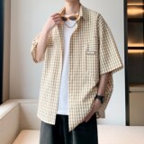 港风潮男衬衣千鸟格子宽松大码短袖衬衫酒店内景6610P45控58，男装衬衫，电商A034