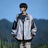 相机片青年痞帅高街皮衣外套男休闲宽松机车花夹克6656P88控128，男装皮衣，电商A034