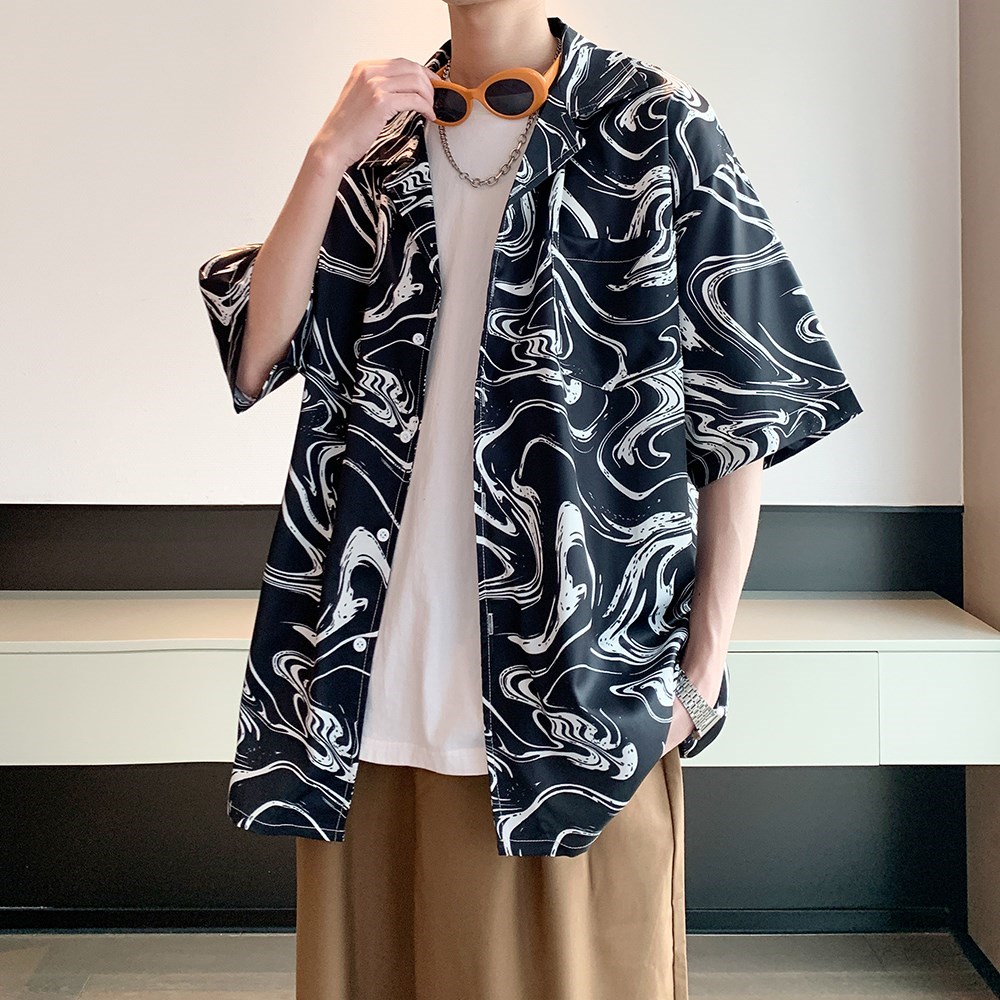 南亚风2025夏休闲短袖衬衫男冰丝花衬衣酒店内景6620P40控58,男装衬衫,电商A034