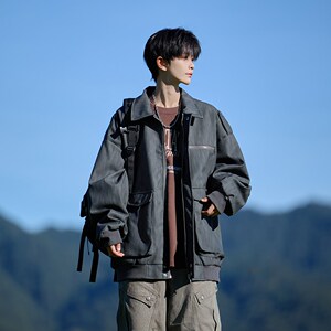 相机外景 秋皮衣外套男纯色休闲翻领宽松机车夹克 6655 P88控138图片