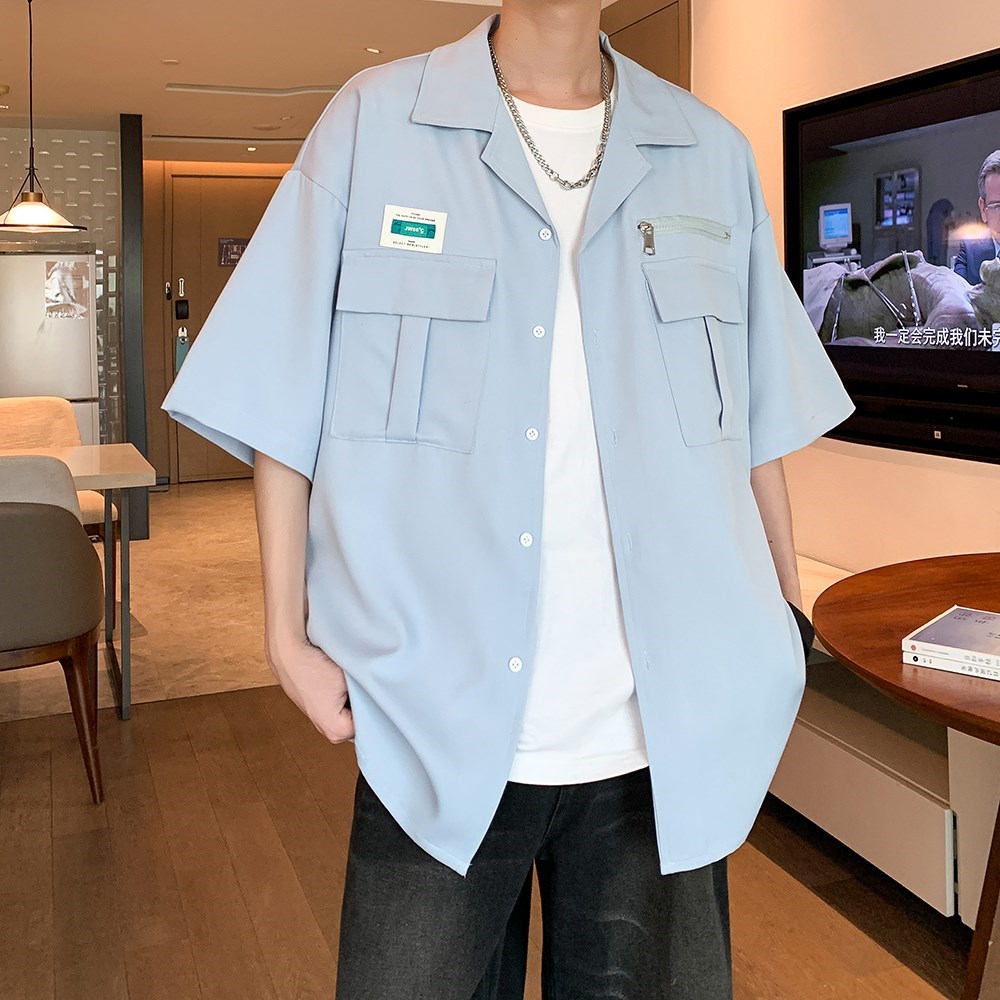 夏季宽松半袖衬衣潮男日系大码短袖衬衫港风内景6607P48控68,男装衬衫,电商A034