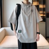 港风内景夏休闲短袖衬衫青年男连帽宽松套头衬衣6608P48控68，男装衬衫，电商A034