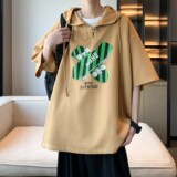 小清新港风休闲衬衫大码连帽短袖衬衣男港风内景6613P48控68，男装衬衫，电商A034