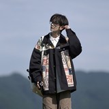 大码秋装拼接青年宽松休闲港风美式男外套夹克相机2897P75控98，男装夹克，电商A034