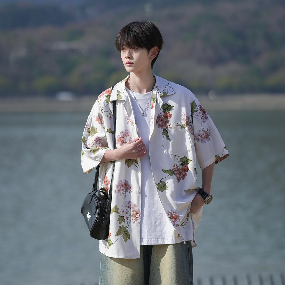 夏款大码短袖衬衫青年男碎花宽松衬衣相机片外景6622P40控58,男装衬衫,电商A034
