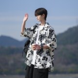 港风夏款夏短袖衬衫男宽松个性冰丝碎花衬衣6617P40控58，男装衬衫，电商A034