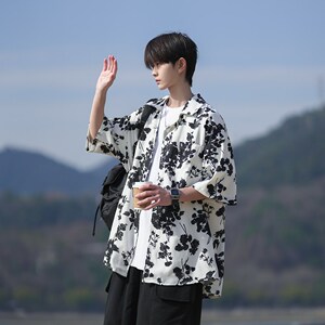 港风夏款夏短袖衬衫 男宽松个性冰丝碎花衬衣 6617 P40控58图片