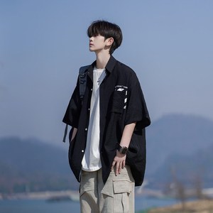 wassup happy黑色短袖衬衫男夏季薄款冰丝透气上衣服痞帅休闲外套图片