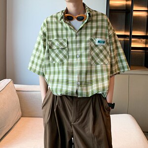 内景夏新款二开港风格子衬衫 短袖衬衣青年男装 6609 P45控58图片