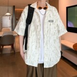 港风宽松清凉短袖衬衣条纹碎花衬衫男二开酒店内景6615P48控68，男装衬衫，电商A034