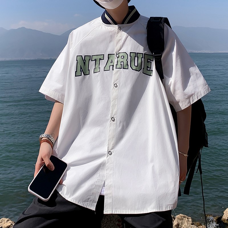 外景宽松大码短袖衬衫休闲字母潮男半袖衬衣A0342567P40控58,男装衬衫,电商A034